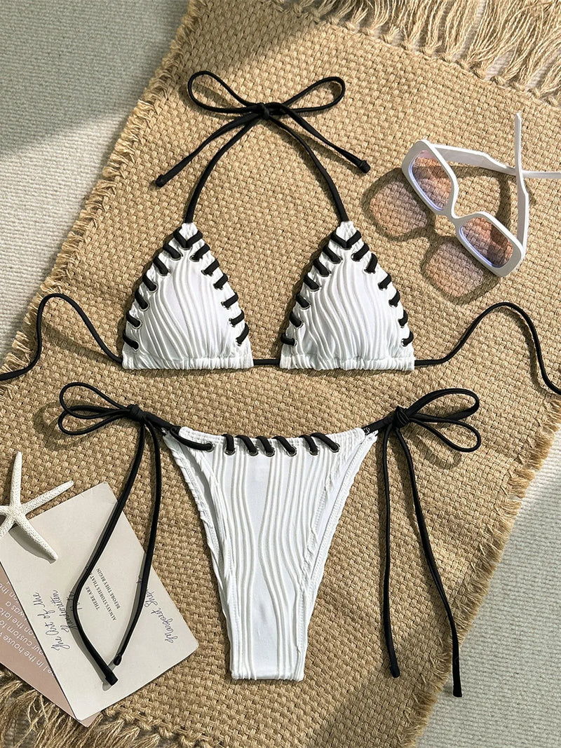Sexy Micro Bikini 2025 Women Beige Brown Pink Weave Bandage Cross Crochet Swimsuit Brazilian Beach Bathing Suit Thong Swimwear