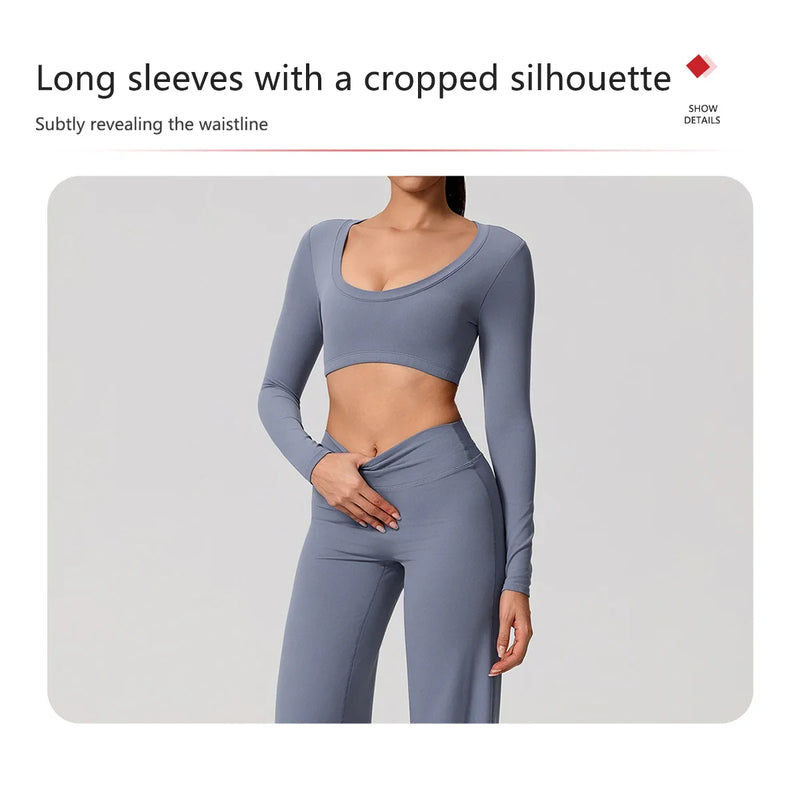 Hearuisavy Sports Set 2Pcs Women's  Long Sleeve Backless Fitted Fitness Top Push Up Pilates Yoga Top Wide Leg Straight Leg Pants