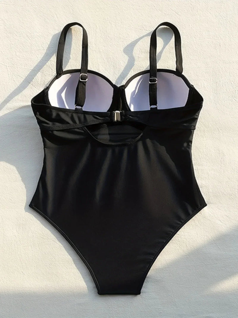 Solid Color Black One Piece Swimsuit for Women Sexy High Waist Bandage Hollow Out Monokini Bikini Underwire Push Up Swimwear