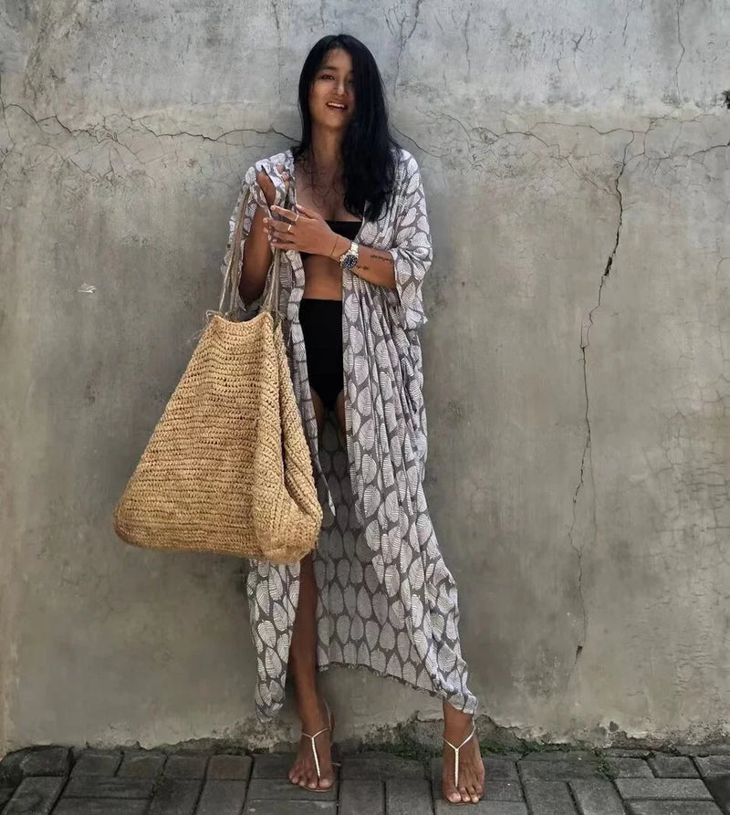 2024 New Summer Sexy Beach Kimono Swimwear Cotton Cover Up Swimsuit Women Print Bikini Cover Up Beachwear Dress Robe