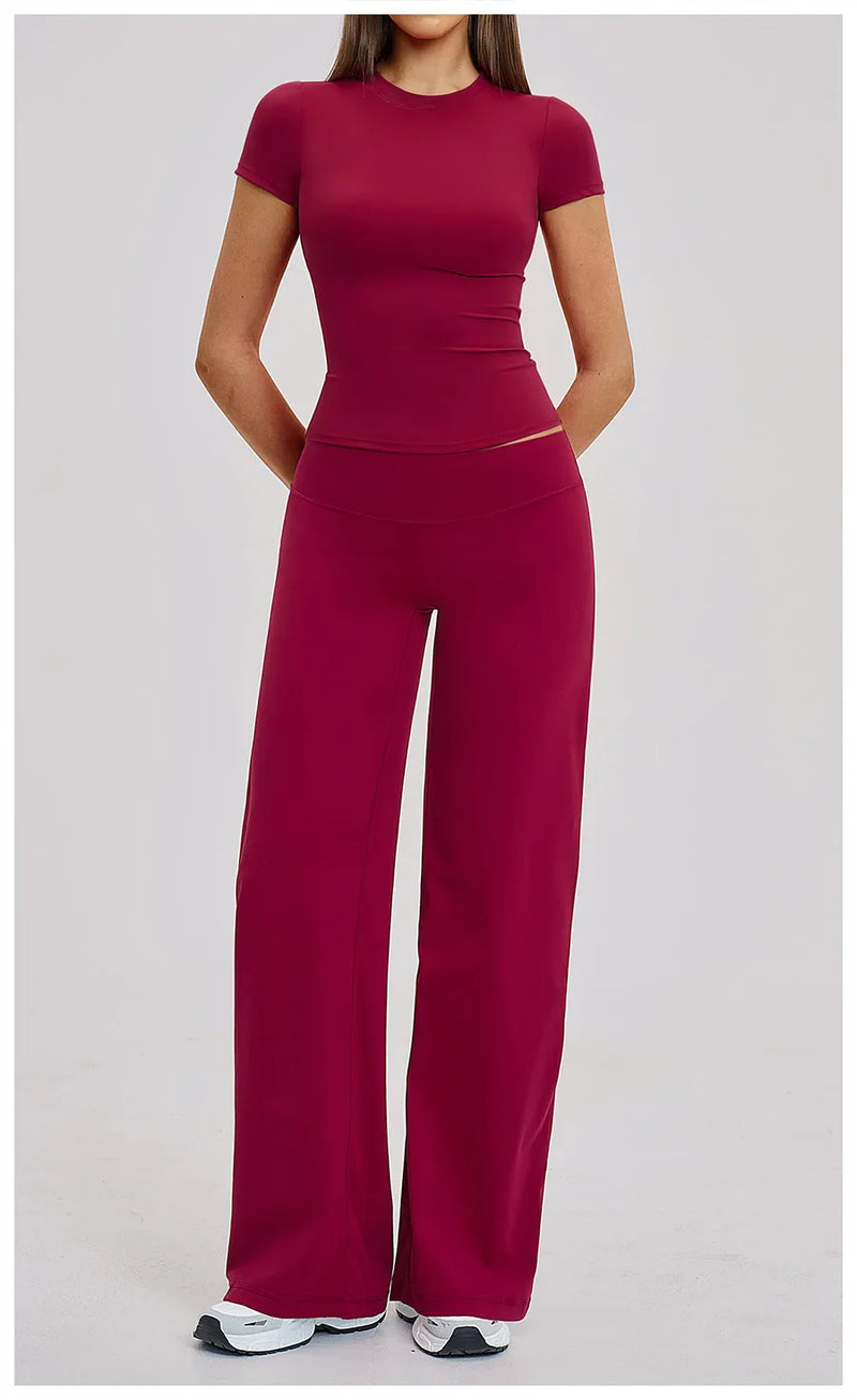 Yoga Set 2 Pieces Women Fitness Sportswear Gym Loose wide-leg pants Long-sleeved T-shirt Sports Crop Tops Tracksuit Workout Wear