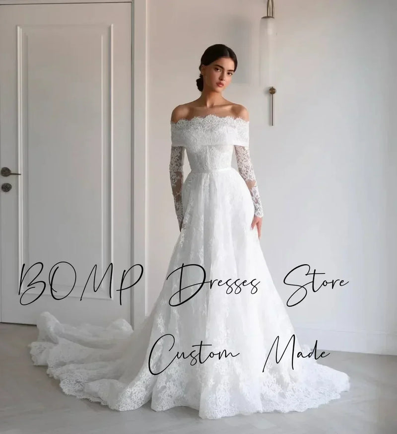 BOMP Elegant Lace Wedding Dress Sweetheart Off Shoulder Full Sleeves Sweep Train Ivory Bridal Gown Customized Robe De Mariée