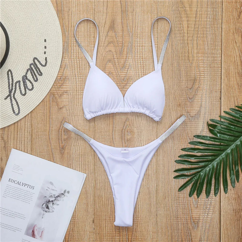 Diamond Swimwear Women 2025 Sexy Pink Micro Bikini Brazilian Black Rhinestone Thong Swimsuits Beach Push Up Bathing Suit Biquini