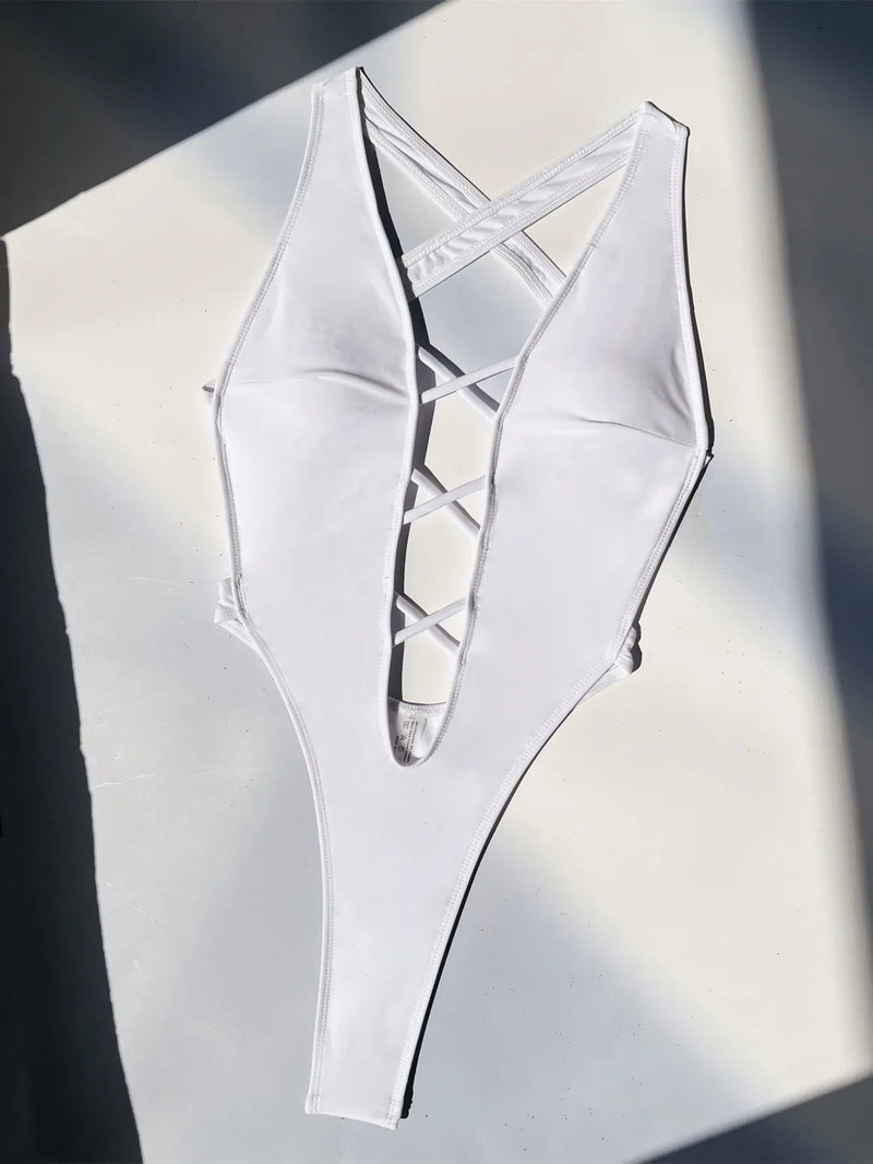 Sexy Hollow Out Cross One Piece Swimsuit 2026 Women White Black Deep V Neck Backless Thong Bikini Beach Bathing Suit Swimwear