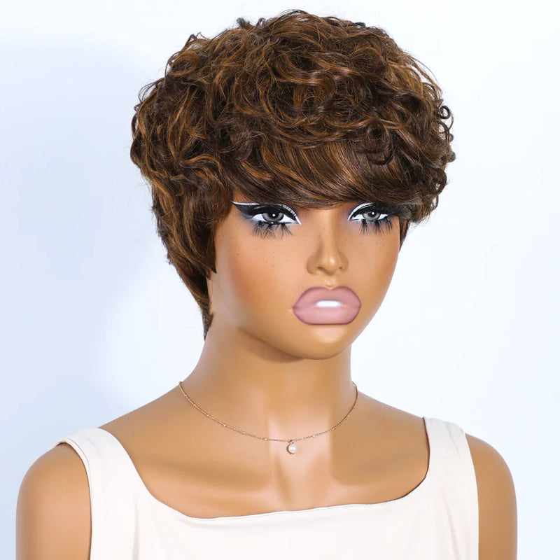 Rebecca P1B/30 Brown Pixie Cut Wig | Curly Side Part Brazilian Human Hair