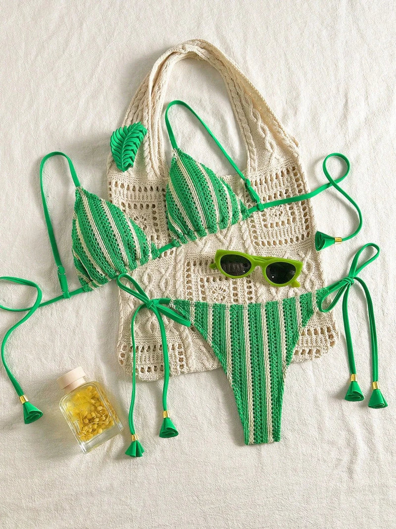 Sexy Orange Striped Bikini Set 2026 Women Halter Push Up Bra Tassel Bandage Thong Swimsuit Summer Holiday Bathing Suit Swimwear