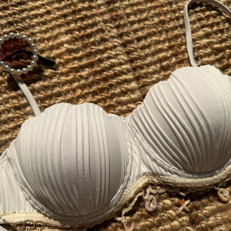 Sexy Shell Starfish Ornament Bikinis Sets Women White Ruffles Push Up Underwire Thong Swimsuit 2025 Beach Bathing Suit Swimwear