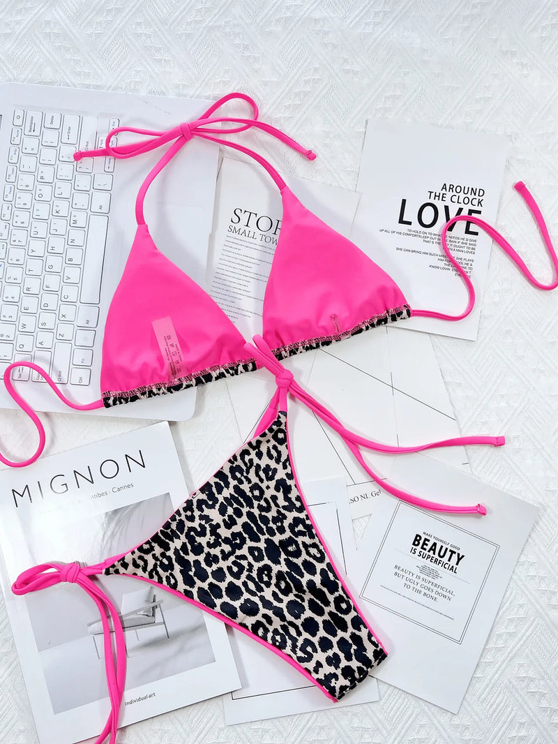 Sexy Mirco Bikini 2024 Women Neon Hot Pink Patchwork Triangle Swimsuit Beach Brazilian Bathing Suit Tie Side Thong Swimwear