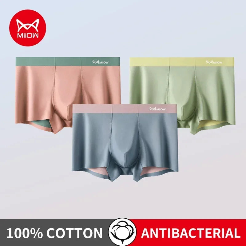 3Pcs 100% Cotton Silk Crotch Men's Antibacterial Boxers