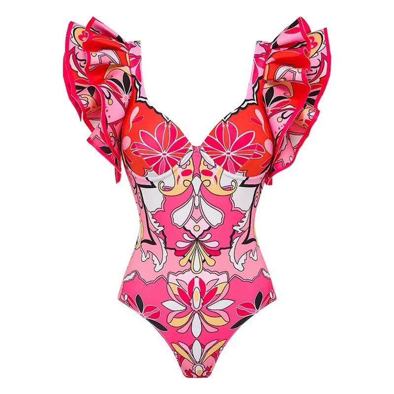 2-Piece Shoulder Ruffle Swimsuit With Cover Up Sexy Beachwear