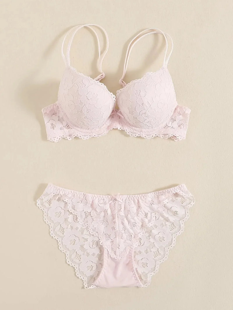 1 Set Elegant Lace Embroidery & Breathable Fabric Lingerie Set: Push-Up Bra, Drop Waist Sheer Panty - Ultimate Valentine's Day