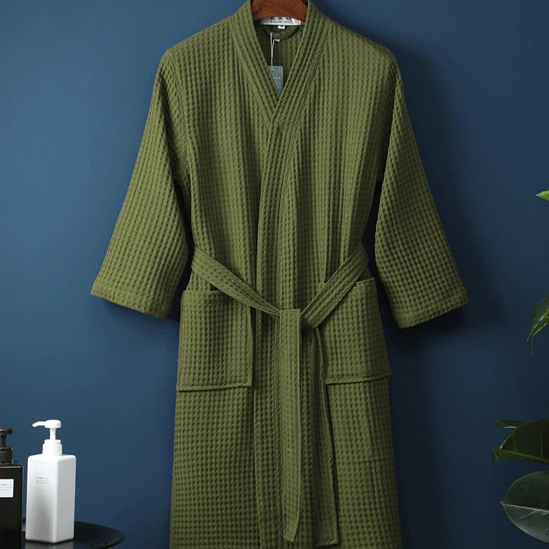 Adult Cotton Waffle Kimono Bathrobe Gown with Pocket Loungewear Sleepwear