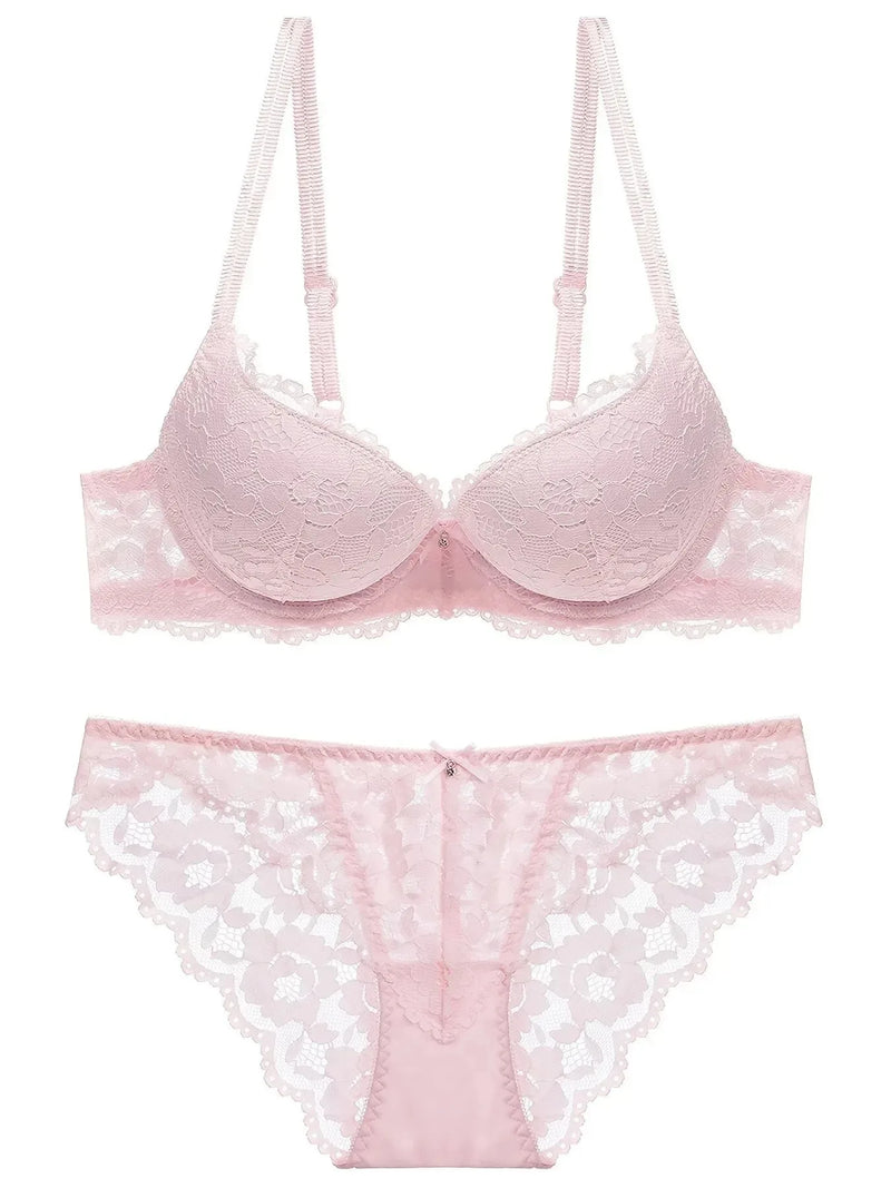 1 Set Elegant Lace Embroidery & Breathable Fabric Lingerie Set: Push-Up Bra, Drop Waist Sheer Panty - Ultimate Valentine's Day