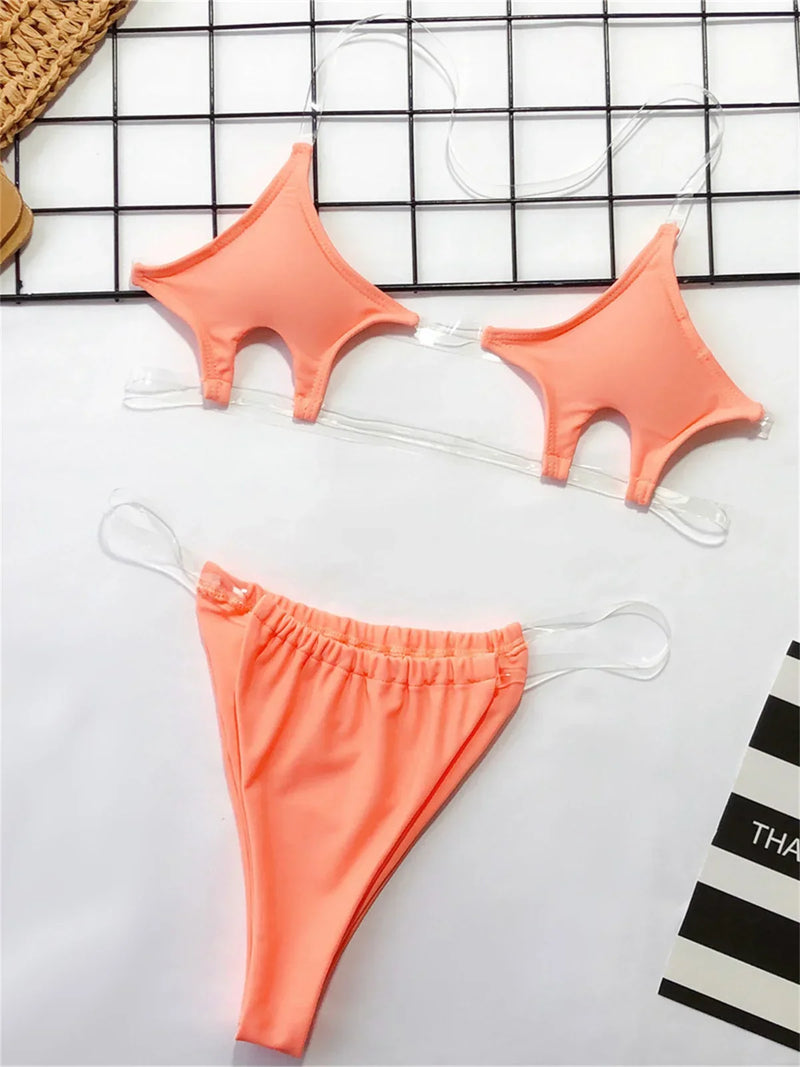 Sexy Micro Bikini 2025 Women Pentagram Design Transparent Swimwear Neon Clear Strap See Through Thong Swimsuit Traje De Baño