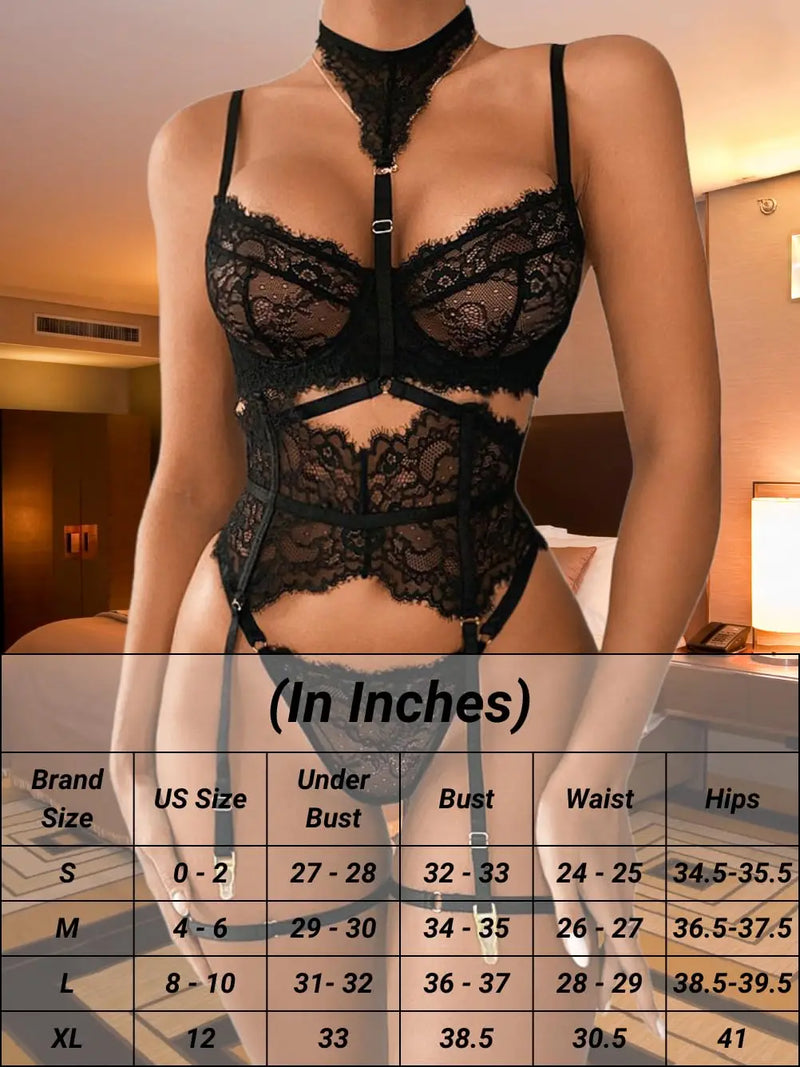 Sexy Garter Lingerie Set for Women – 4pcs Floral Lace Strappy High Waisted Bra Panty with Choker Belt