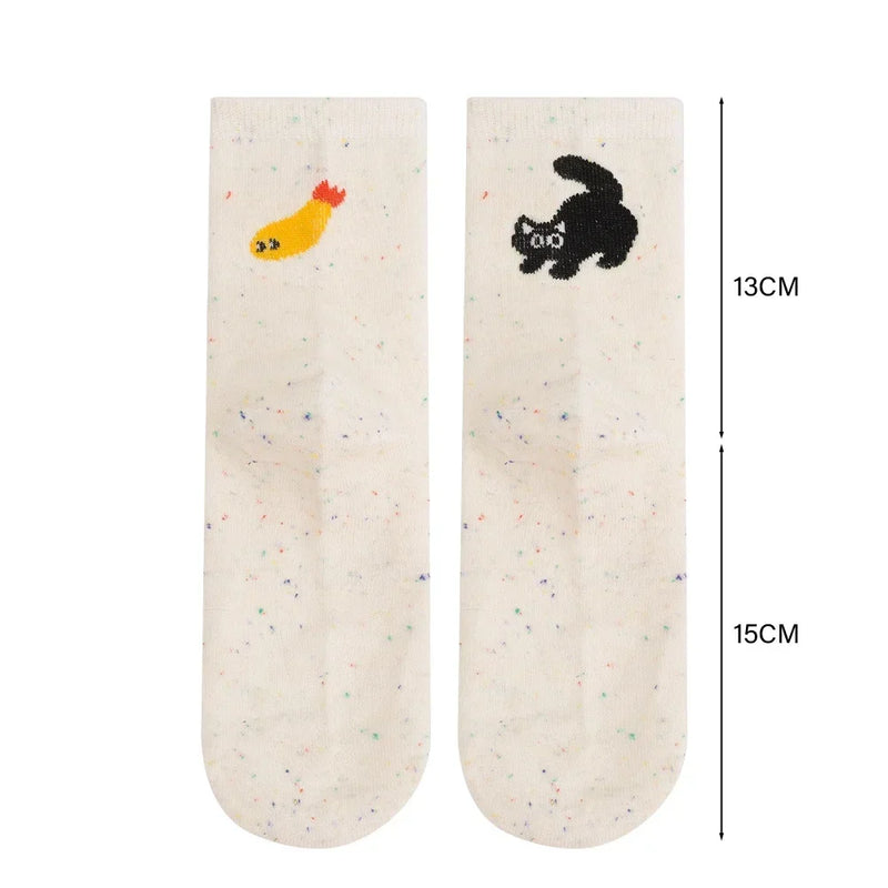 1/2pairs Cartoon Cat Fish Pattern Middle Tube Socks Soft Thermal Warm Crew Sock