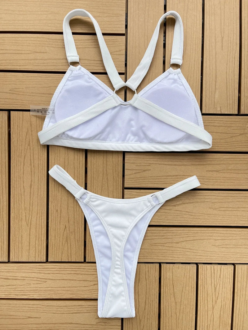 Sexy Ring Linked Backless Bikini Set Women Solid Black White Hollow Out Push Up Micro Swimsuit 2024 Bathing Suit Thong Swimwear