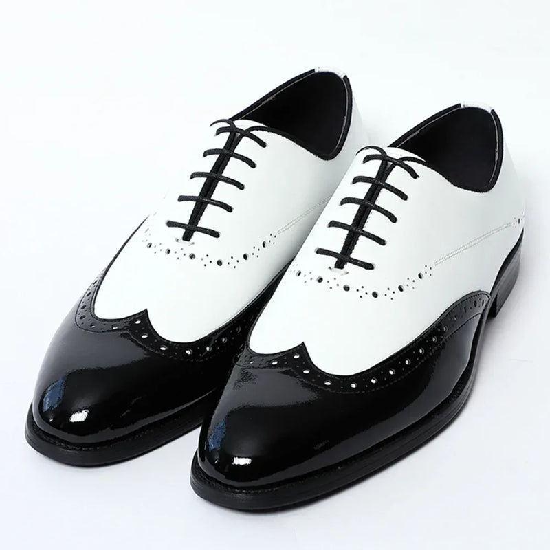 Elegant Men's White & Black Wingtip Brogue Oxfords | Genuine Leather Wedding, Party & Social Dress Shoes