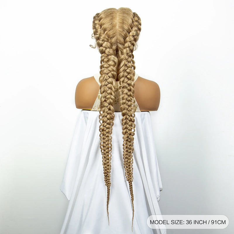 1B/30 Dark Brown Dutch Box Braids Wig | Synthetic Lace Frontal | Fishtail Braids | With Baby Hair | For Black Women
