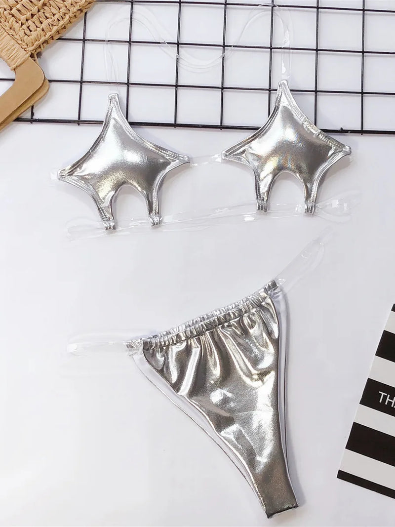 Micro Bikini Women Clear Strap Push Up Bra Neon Yellow Gold Transparent Swimsuit Women Triangle Bather Thong Swimwear Biquini