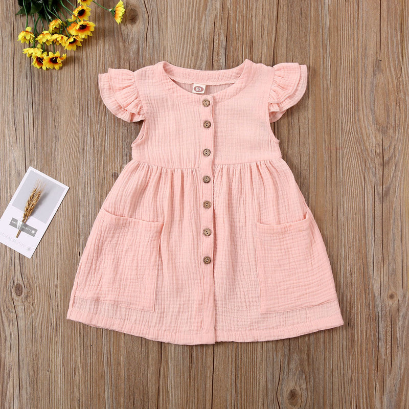 0-6Years Toddler Kid Baby Girl Summer Dress Ruffles Sleeves Cotton Button Pocket Dress Sundress