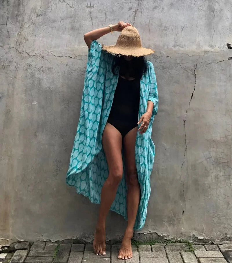 2024 New Summer Sexy Beach Kimono Swimwear Cotton Cover Up Swimsuit Women Print Bikini Cover Up Beachwear Dress Robe