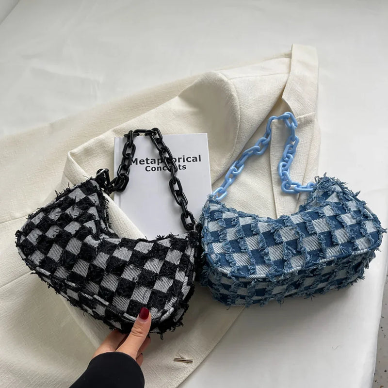 Vintage Women's Casual Shoulder & Underarm Bag | Plaid Pattern Denim Small Purse (Ladies Chain Leisure Handbag, Hobo Style)