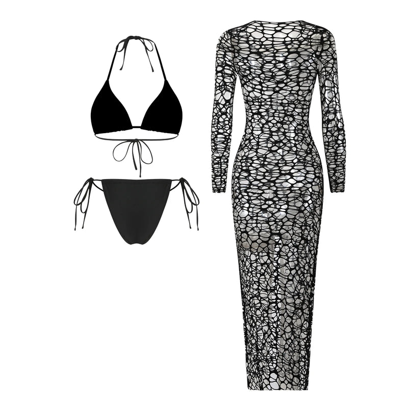 Sexy Hole Out Mesh Long Sleeve Dress 3 Piece Bikini Set 2026 Women Black Push Up Bra Thong Swimsuit Beach Bathing Suit Swimwear