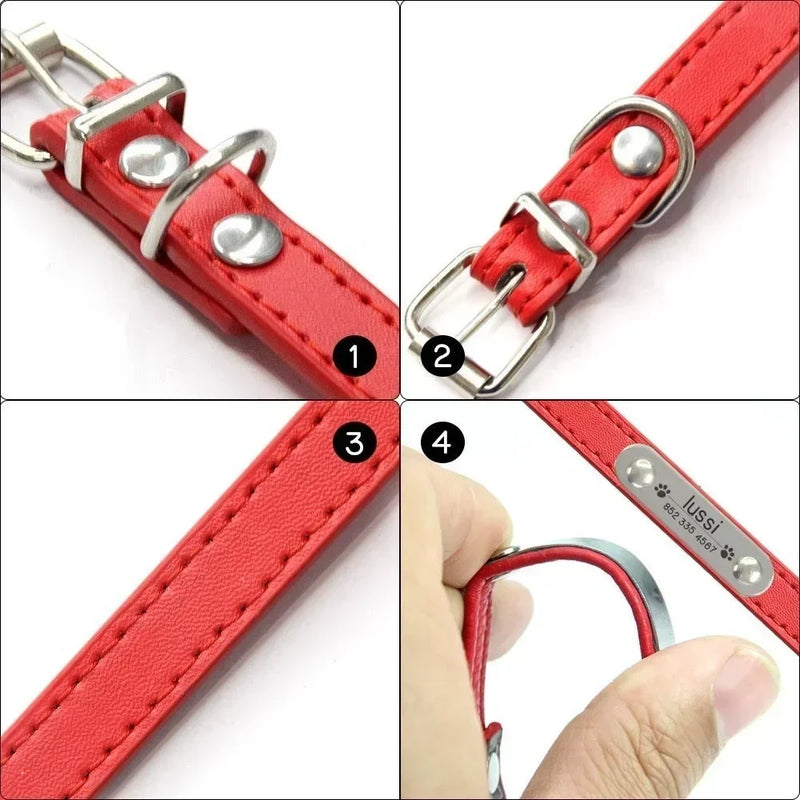 Personalized Dog Collar with Name Engraving – Anti-Lost PU Leather Collar for Dogs and Cats