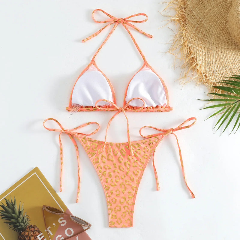 Sexy Orange Leopard Print Bikini Set 2024 Women Halter Push Up Bra Tie Side Thong Swimsuit Summer Backless Bathing Suit Swimwear