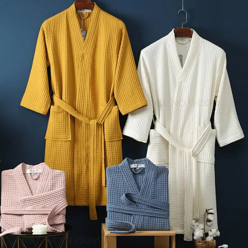 Adult Cotton Waffle Kimono Bathrobe Gown with Pocket Loungewear Sleepwear