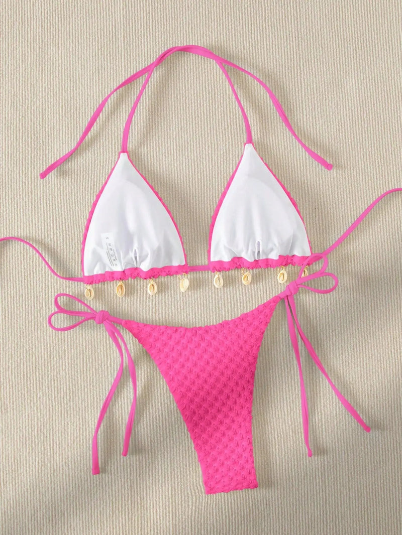 Sexy Bikini Set White Shell Designer Swimsuit 2025 New Halter Push Up Micro Bikinis Summer Bathing Suit Tie Side Thong Swimwear