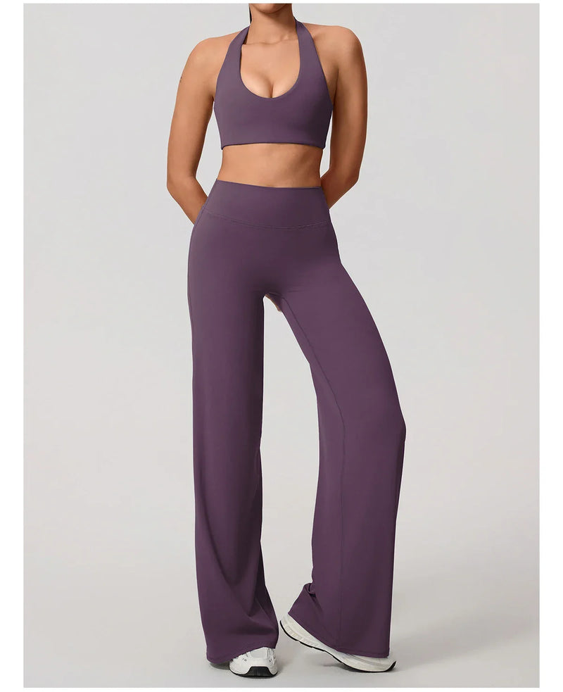 Hearuisavy Summer Yoga Set 2Pcs Women Breathable Backless Halter-Neck Sports Bra Push Up Pilates Fitness Top Straight Leg Pants
