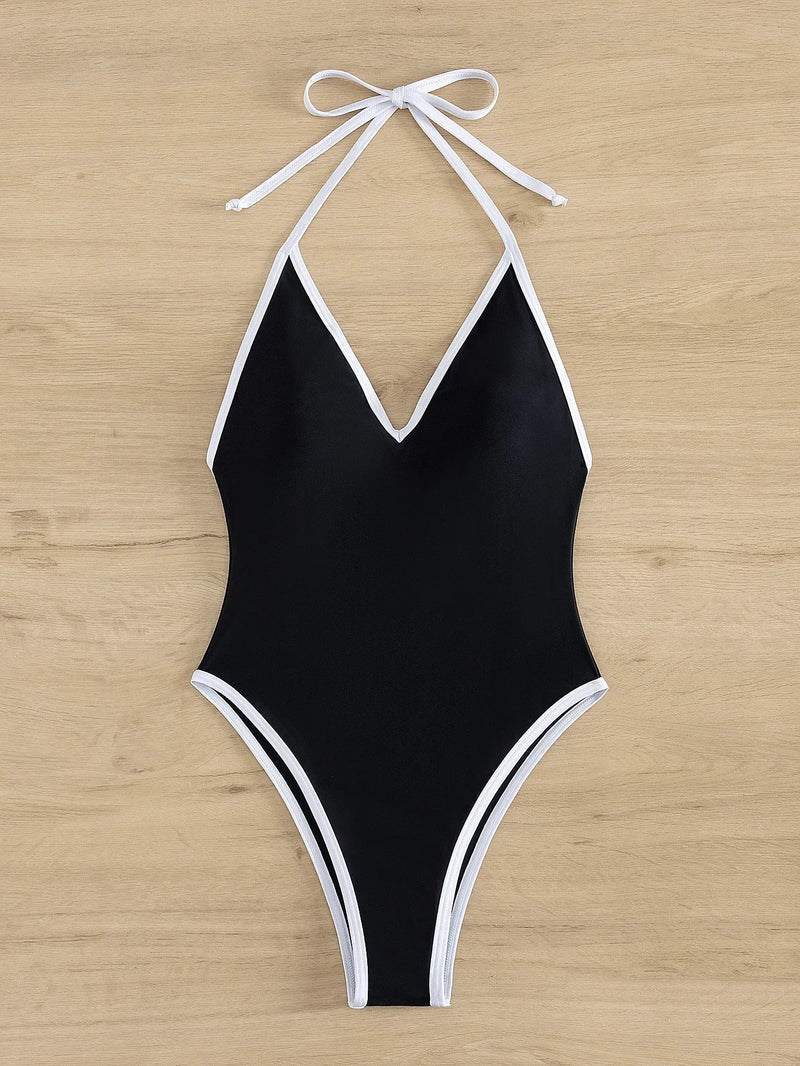 Sexy Deep V Neck One Piece Swimsuit 2025 Women Black Contrast Push Up Backless Slim Tummy Control Swimwear Beach Pool Bather
