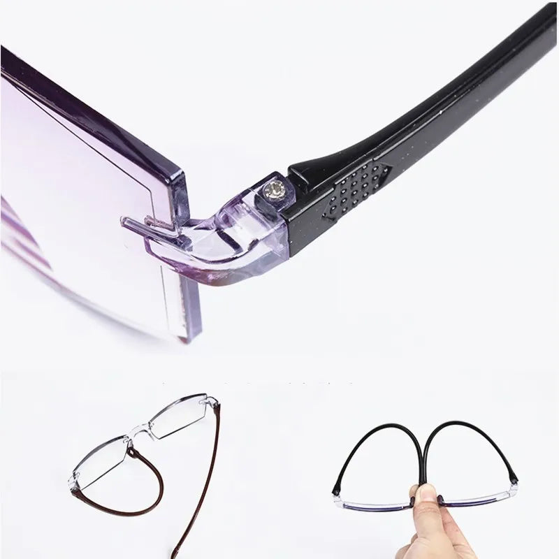 2 Pair Unisex Rimless Reading Glasses Anti Blue Light Bifocal Far Near Magnification Eyewear Presbyopic Glasses +150 +200