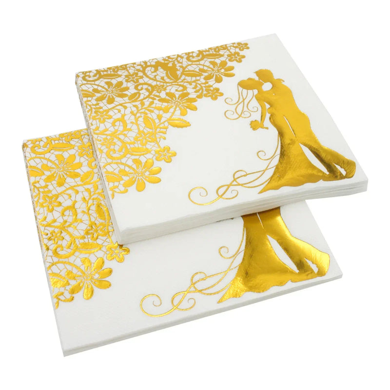 100pcs Wedding Paper Napkins Sparkle Golden Bride Groom Table Napkins 33x33cm Two-Layers Home Hotel Wedding Party Table Decor