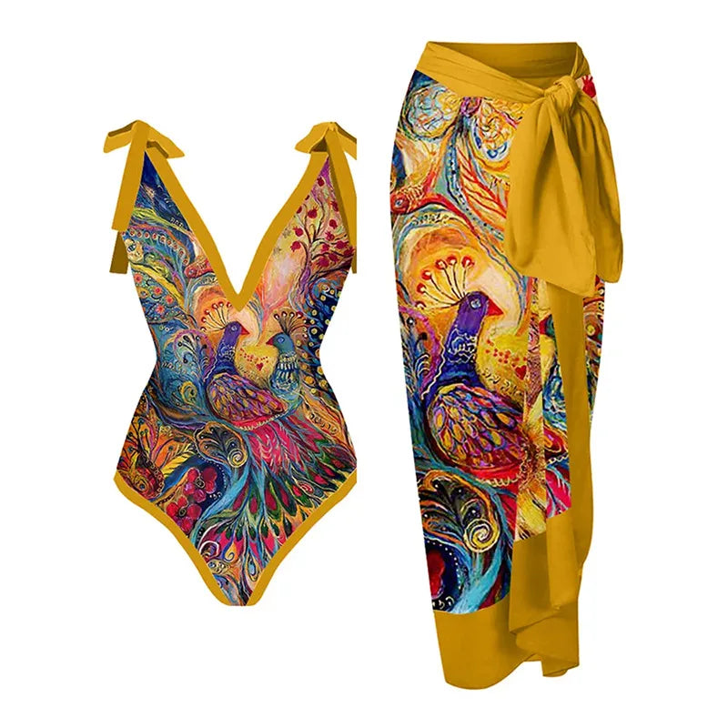 2-Piece Women Brazilian Floral Printed Ruffle Bikinis Strappy Bandage Swimwear