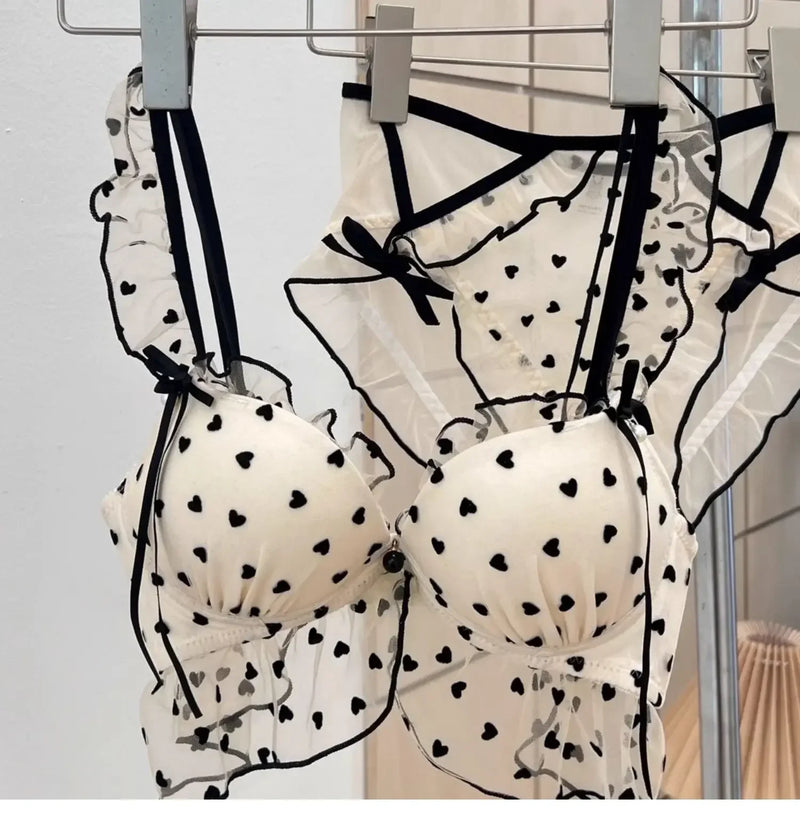 Japanese Mesh No-wire lace Underwear set Women's small breasts gather sexy pure desire sweet bra cute bra Panty SET TUSHY