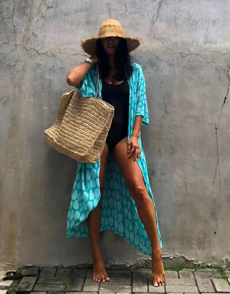 2024 New Summer Sexy Beach Kimono Swimwear Cotton Cover Up Swimsuit Women Print Bikini Cover Up Beachwear Dress Robe