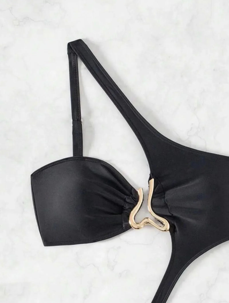 2026 Women's Sexy Black Cut-Out Bikini One Shoulder Metal Designer Backless Thong One-Piece Swimsuit Summer Swimsuit бикини