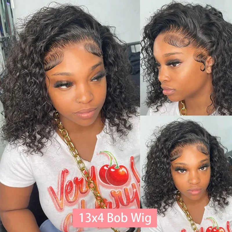 200% Density Short Curly Bob Wigs 13x4 Lace Front 4x4 Closure Deep Wave Brazilian Remy Human Hair 14 Inch
