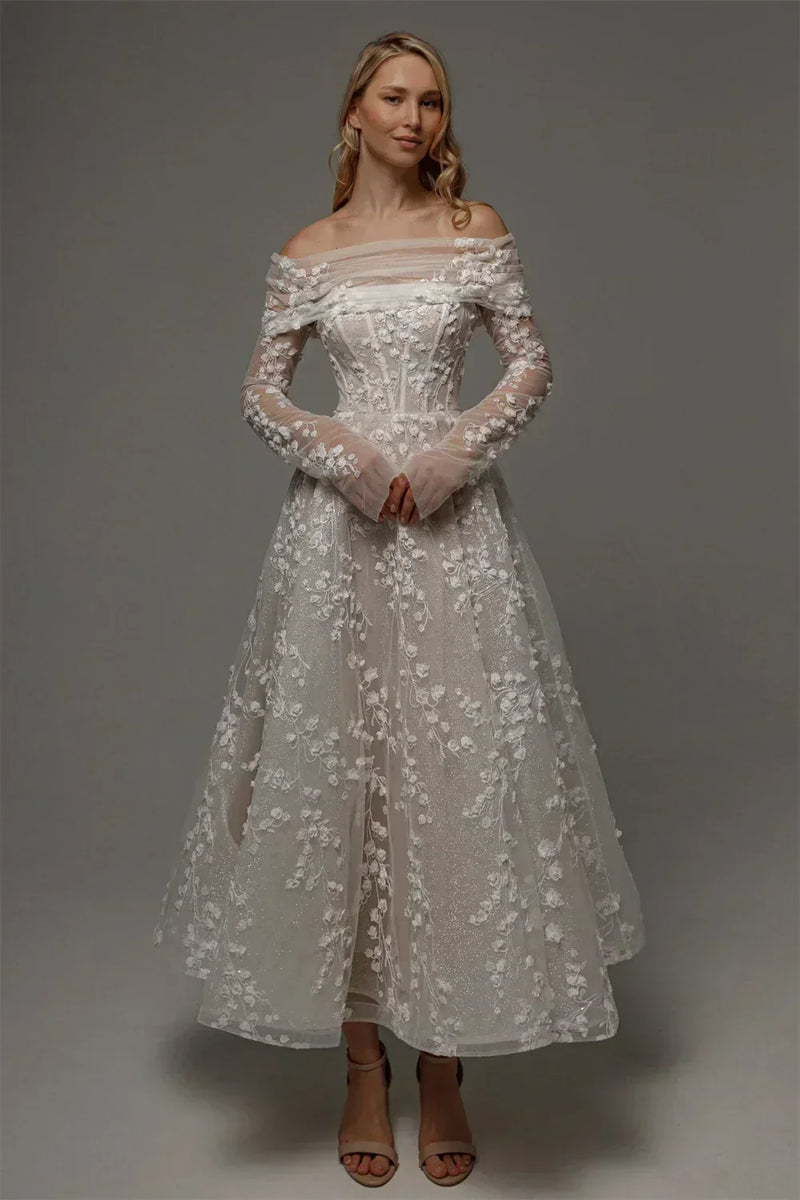 Kyoto Customized Lace Flowers Detachable Long Sleeves Wedding Dress Ankle-Length Glitter vestidos de novia A-Line Formal Gown