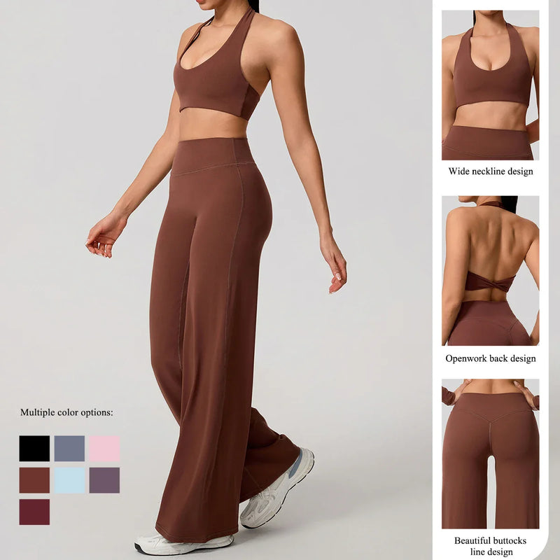 Hearuisavy Summer Yoga Set 2Pcs Women Breathable Backless Halter-Neck Sports Bra Push Up Pilates Fitness Top Straight Leg Pants