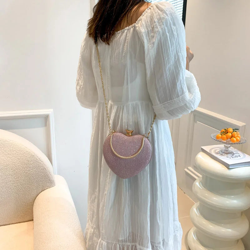 Shiny Heart Shape Metal Evening Clutch Bag for Women | Fashion Chain Shoulder Crossbody Bag (Luxury Lady Purse)