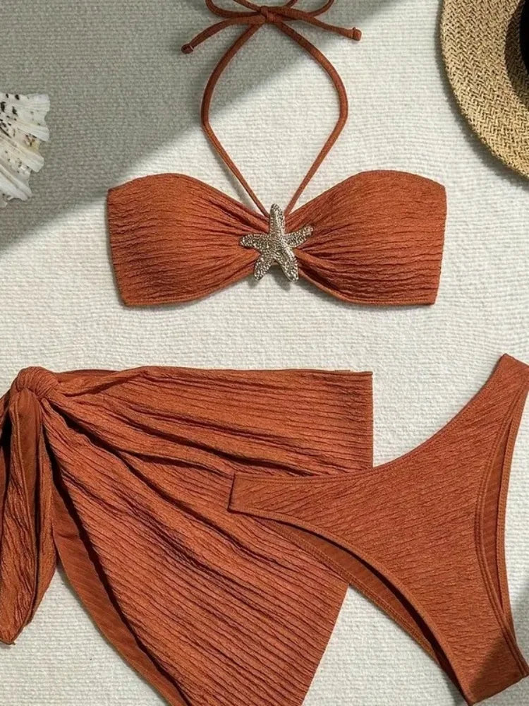 Sexy Metal Starfish Bikinis Set Women Brown Bandeau Push Up Mesh Skirt 3 Piece Swimsuit 2025 Beach Bathing Suit Holiday Swimwear