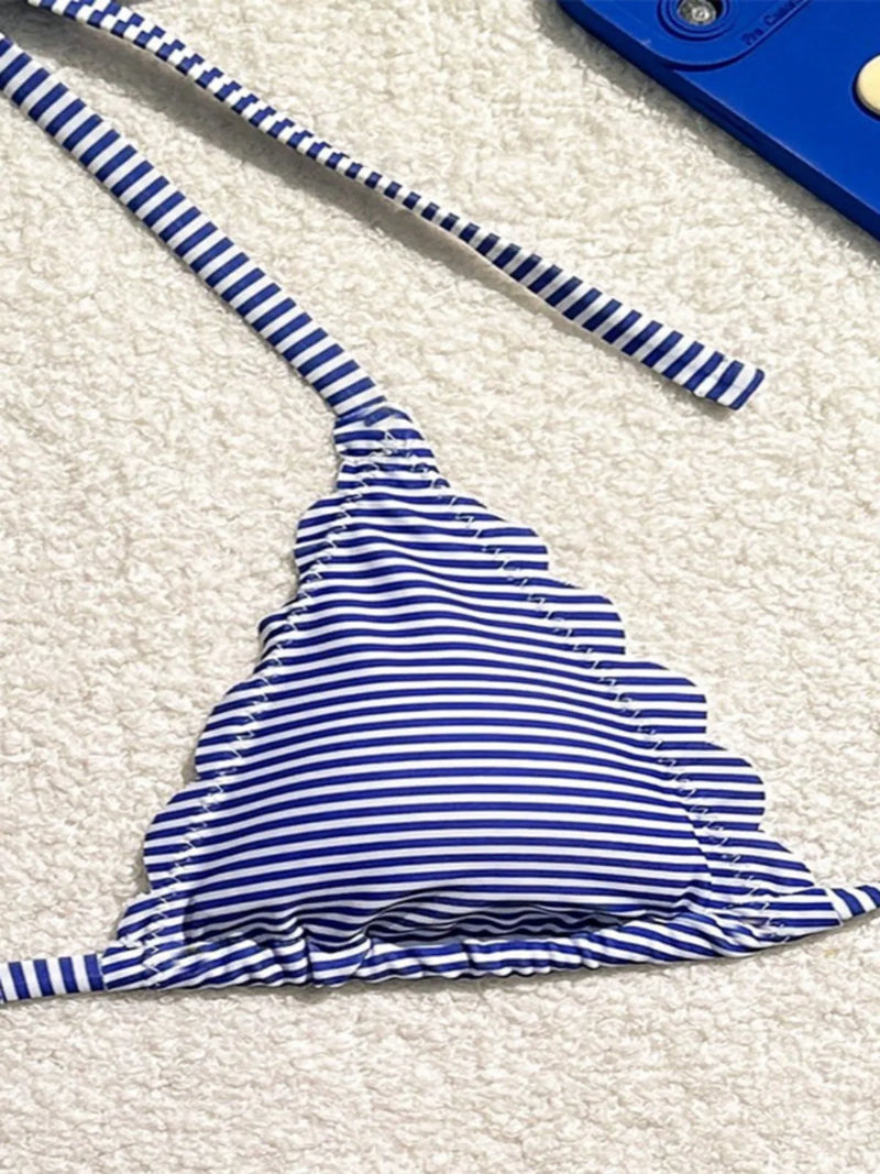 Women's Blue Stripe Print Two Piece Swimsuit Sexy Mini Triangle Cup Bra Halter Backless Bikini Set 2024 Summer Beach Swimwear
