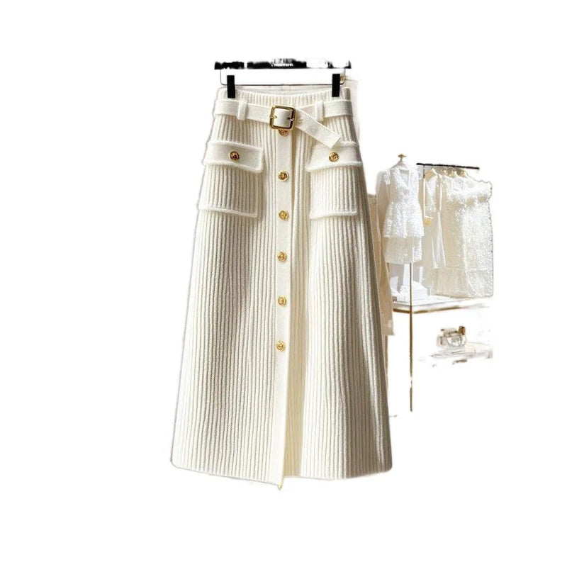 Autumn/Winter Women Outfit White Skirts Knitted Cardigan Sweater A-line Long Skirt Two Piece Set