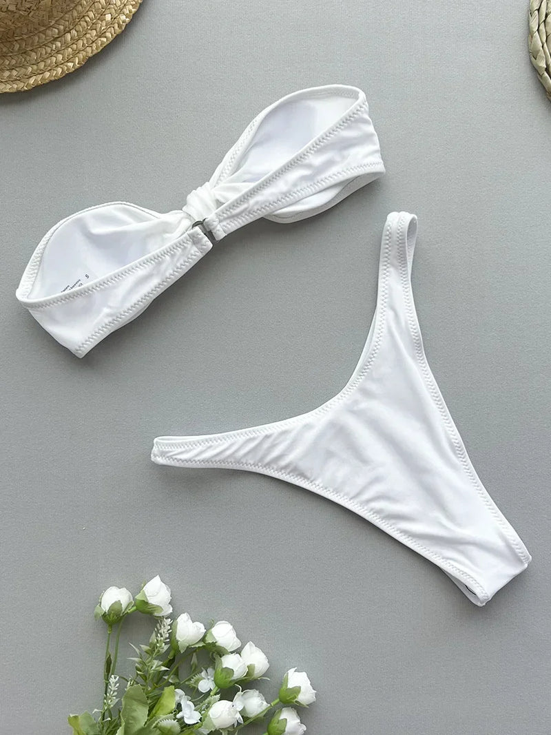 Sexy Front Tie Bow Bikini Set Women Black Bandeau Push Up Bra Micro Swimsuit 2024 Beach Bathing Suit Thong Swimwear Biquini