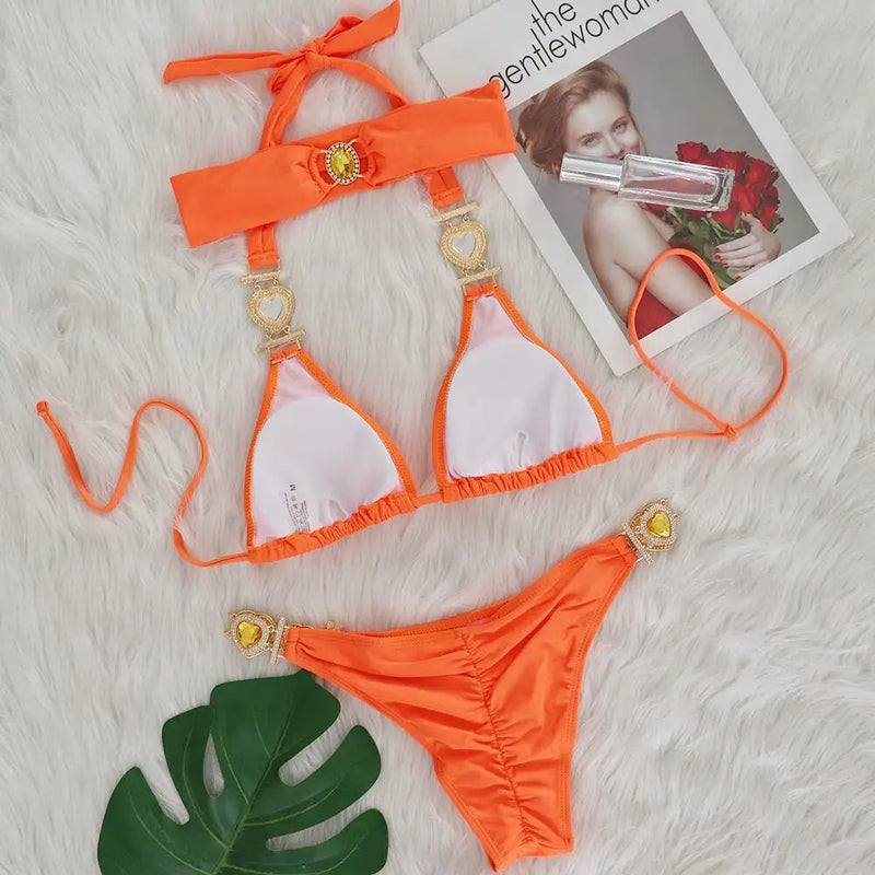 Sexy Rhinestones Bikini Set 2025 Women Red Pink Glitter Diamond Metal Chain Thong Swimwear Bathing Suit Band 3 Piece Swimsuit