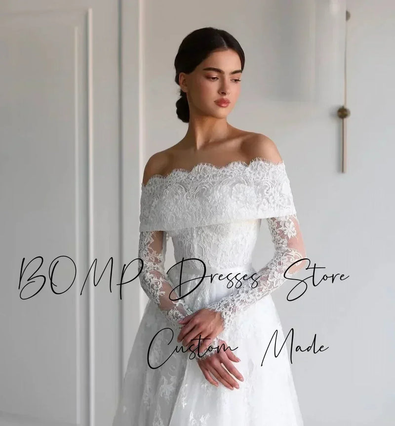 BOMP Elegant Lace Wedding Dress Sweetheart Off Shoulder Full Sleeves Sweep Train Ivory Bridal Gown Customized Robe De Mariée